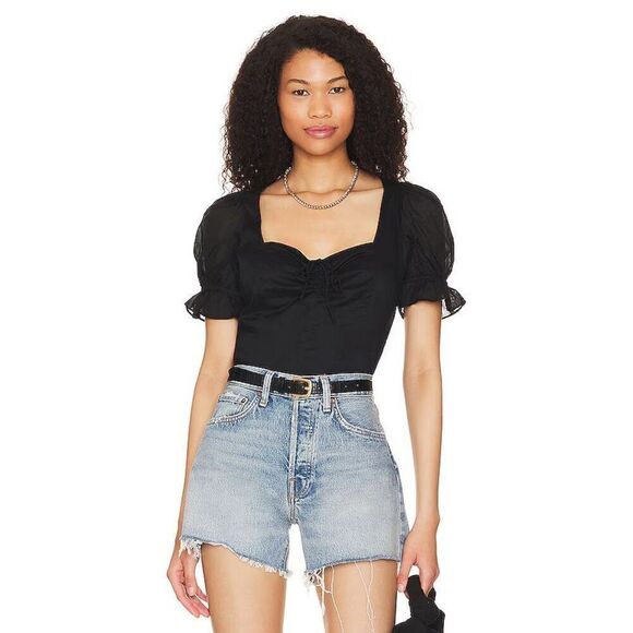 1.STATE Women's Puff Sleeve Cinched Front Sweetheart Top In Black - Picture 1 of 13
